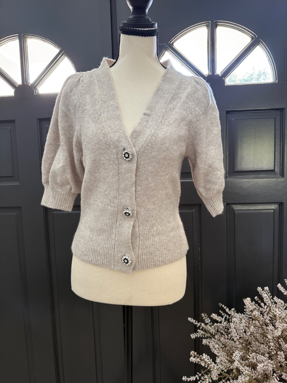 H&M Cream Short-Sleeve Wool-Blend Button Cardigan